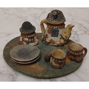 Miniature Tea Set Mini Figures Teapot House Cups Plates Sugar Dish Decor B6